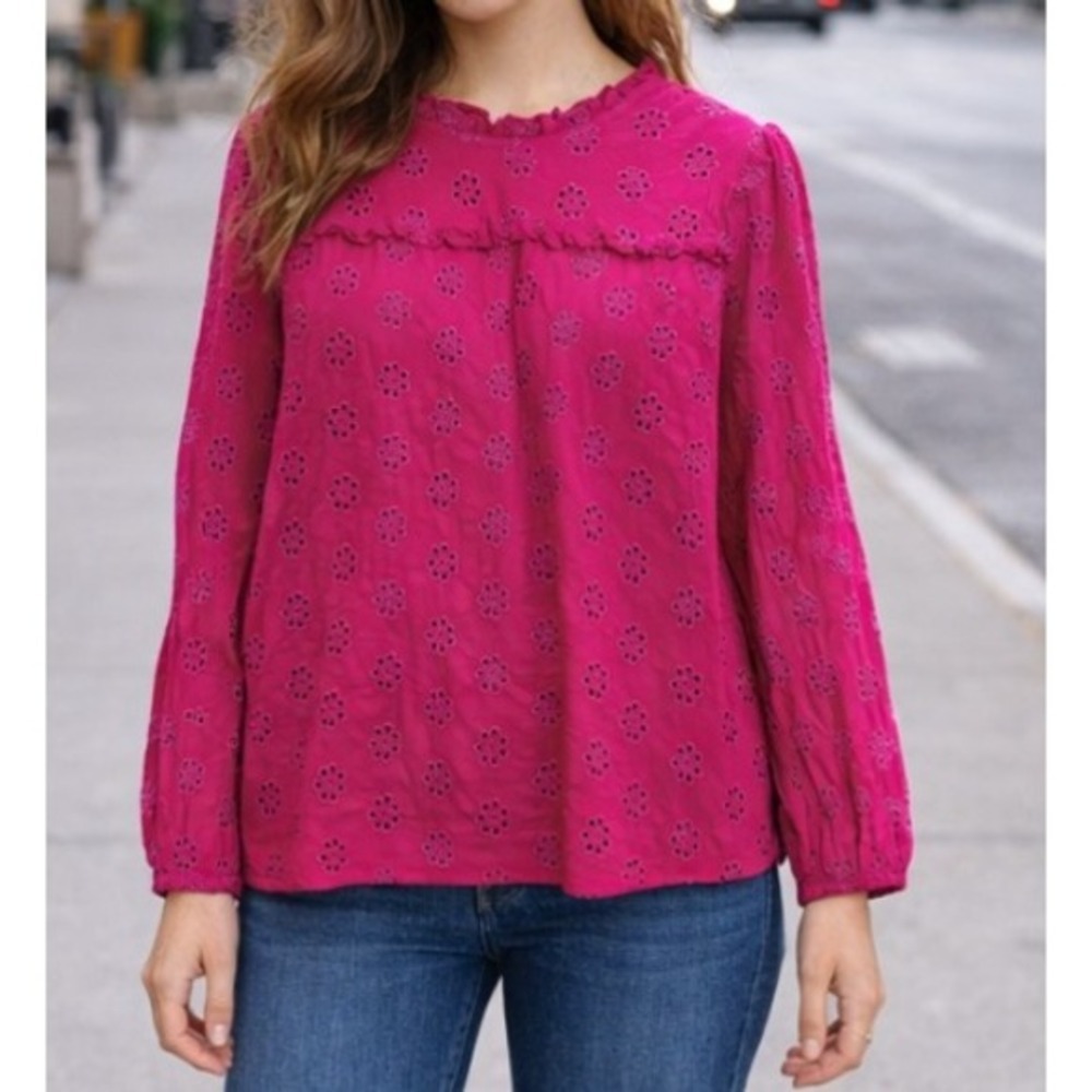 2/$30 J. Crew Magenta Pink Eyelet‎ Popover Long SleeveTop